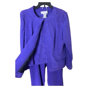 Sag Harbor Women’s 10 Purple Microfiber 3 PC Pant Suit Floral Trim Stretch NWOT - Picture 1 of 10