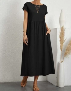 Black Pocket Short-Sleeve Midi Dress - Women - Picture 1 of 6