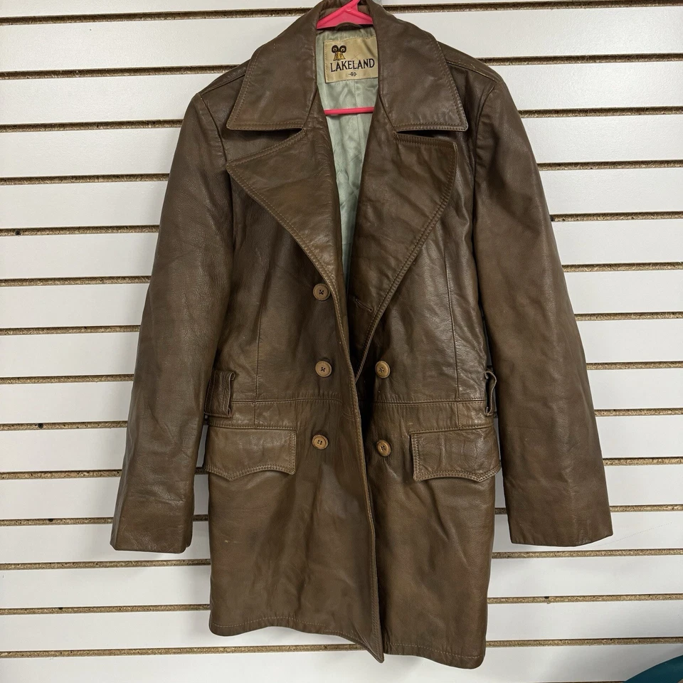 VTG 70s Lakeland Fight Club Style Leather Trench Coat Jacket Brown Size 40 - BUB - Image 1 of 4