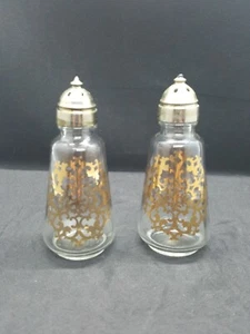 Vintage #2  #3 Anchor Hocking Salt Pepper Set Gold Transfer On Clear Glass - Picture 1 of 7
