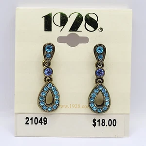 1928 Blue Crystal Teardrop Shape Drop Dangle Pierced Earrings Winter Wonderland - Picture 1 of 24