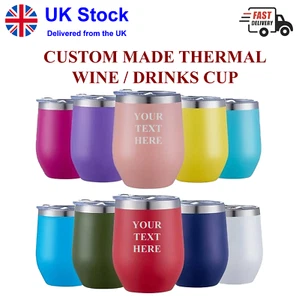Personalised 12oz Thermos Insulated Travel Wine Cup Tumbler Hot Cold Coffee Tea - Picture 1 of 12