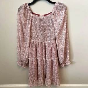 Hayden Pink Floral Tiered Midi Dress Long Puff Sleeves Prairie Lined Smocked L - Picture 1 of 8