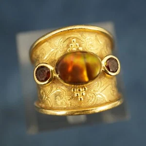 Paula Crevoshay 18k Yellow Gold Garnet & Fire Agate Cigar Band Ring - Picture 1 of 12