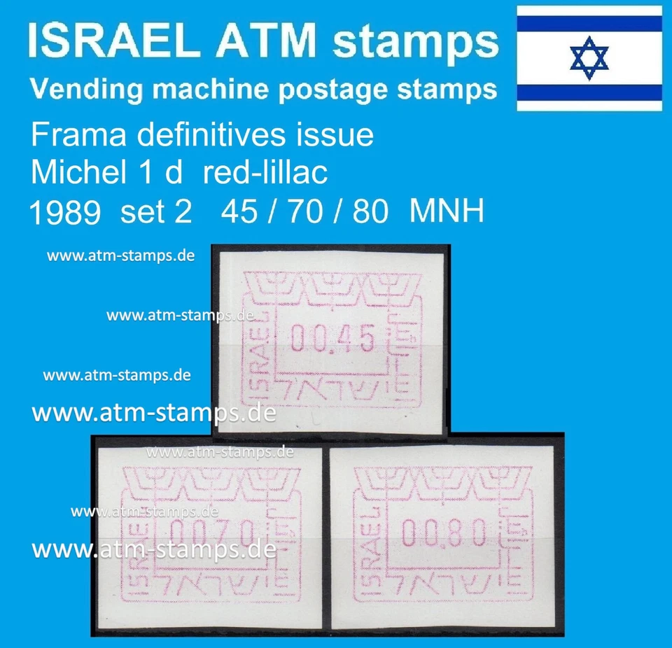 Sellos de cajero automático de Israel 1989 / Michel 1 / juego 2 / 45/70/80 MNH / Frama Klussendorf CVP Foto 1 de 1