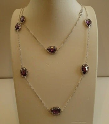 36'' LONG PEAR SHAPE NECKLACE W/ AMETHYST LAB GEMSTONES/ 925 STERLING SILVER  - Image 1 of 4