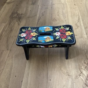 Vintage Solid Wood Floral Barge Ware Small Stool Bright Red Black - Picture 1 of 5