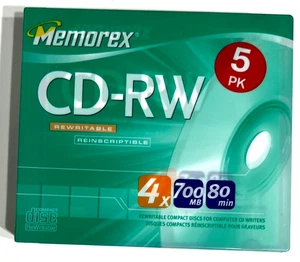Memorex CD-RW 4x , 700MB 80-min. Blank Discs 5-Pack - NEW/SEALED Slim Cases - Picture 1 of 5