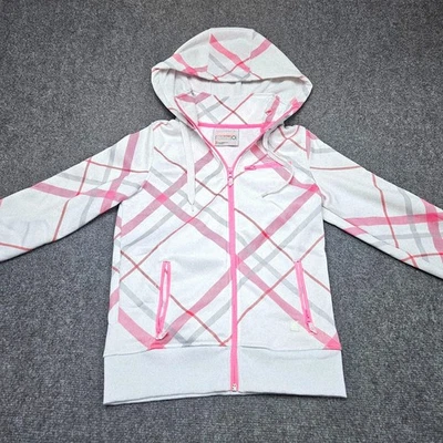 Empyre Hoodie Small White Pink Plaid Zip Up Sweatshirt Thumb Holes Streetwear - Image 1 of 4