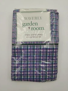 Waverly Pair Of Standard Pillowcases SWEET VIOLETS PLAID GARDEN ROOM NIP  - Picture 1 of 4