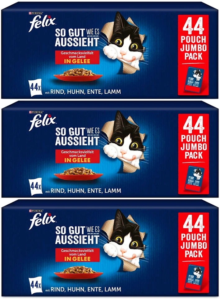 Purina FELIX 3x Pack Katzenfutter Nass Fleisch & Geflügel MIX in Gelee 132x85g - Bild 1 von 4
