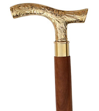 Adjustable Wooden Walking Stick With Golden Brass Handle Handmade Cane.