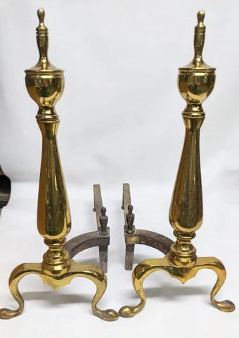Vtg Brass & Cast Iron FIREPLACE ANDIRONS FIRE DOGS 17" Cover
