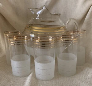 Vintage Gold Striped Frosted 3 Quart Pitcher with 5- 10 Oz Frosted Glasses - Picture 1 of 4