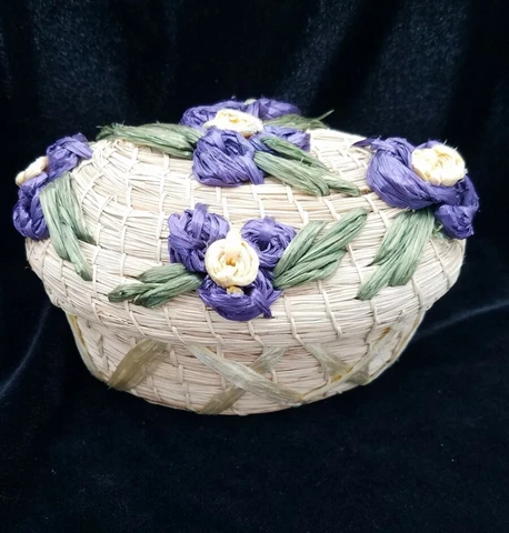 Vintage Woven Straw Basket with Floral and Embroidered Purple Raffia Flowers Lid Cover
