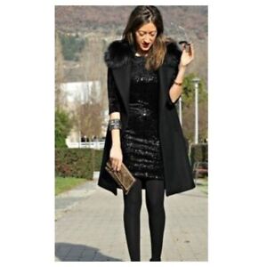 ZARA Women Blazer Vest with Fur Trim Open Front Sleeveless Black Size Small