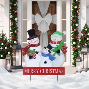 Outdoor Christmas Decorations - 3 Snowman Family Metal Garden Stakes for Yard... - Picture 1 of 8