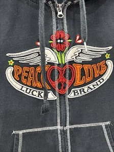 Lucky Brand Hoodie Sweatshirt Women Large Black Peace Love Long Sleeve Zip Front - Picture 1 of 21