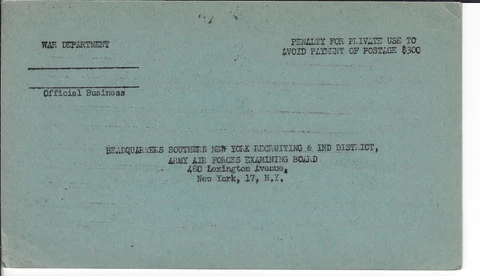 War Dept penalty formular card, unsed re: Army Air Force recruitment . (c573 Cover