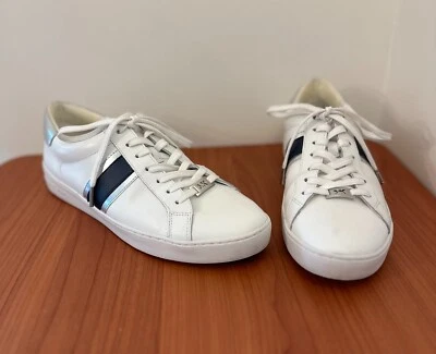 Michael Kors Irving Sneakers Genuine White Leather Blue & Silver Stripe 11M - Image 1 of 4