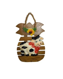 Vintage Ceramic Cow & Wooden Keys Holder Hanging Wall Plaque w/ Small Box  - Picture 1 of 7