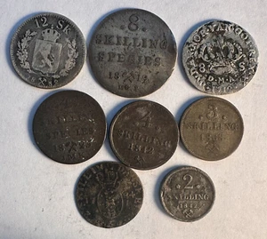 Norway BARGAIN Lot of Eight Silver Coins 1712-1852 DETAILS Damaged/Low Grade - Picture 1 of 2