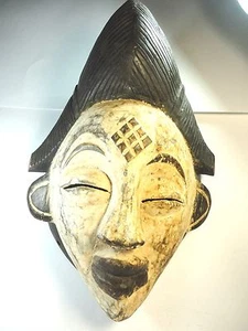 African hand carving wood mask Punu People Gabon tribal art mask black & white - Picture 1 of 11