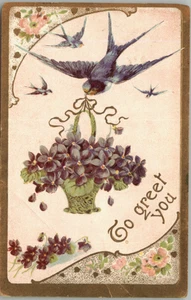 Cartolina Per Salutarti Uccellino Blu Fiori Viola in Rilievo 2137 Pubblicata - Foto 1 di 2