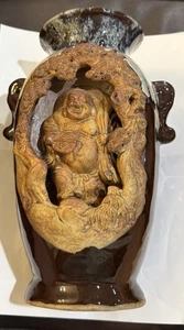 Japanese BANKO WARE VASE Buddha Drip Glazed Hand Carved Relief - Picture 1 of 10