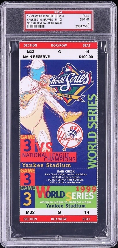 1999 MLB WORLD SERIES FULL GAME 3 TICKET YANKEES BRAVES PSA 10 GEM MINT LOW POP - Image 1 of 2