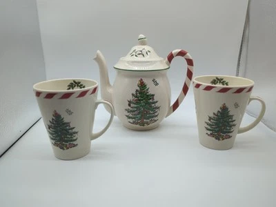 Spode Christmas Tree Striped Candy Cane Handle Teapot w/Lid & 2 Mugs 14oz - Image 1 of 4