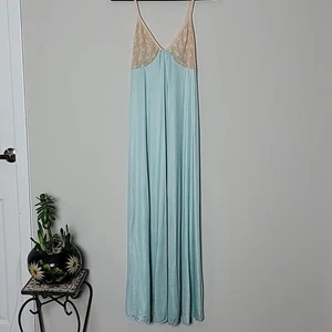 VTG G's Aqua and Tan Lace Maxi nightgown Sz S Romantic Feminine - Picture 1 of 7