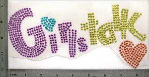 Strass Nieten Bügelbild Hot Fix Motiv Wort Mädchen Gespräch & Herz 22,2x9,8cm IR033C - Bild 1 von 1