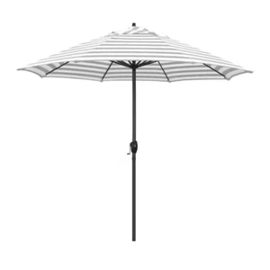Large 9 Ft Patio UMBRELLA ONLY Deck Pool Beach Hand Crank Tilt Gray White Stripe - Picture 1 of 11
