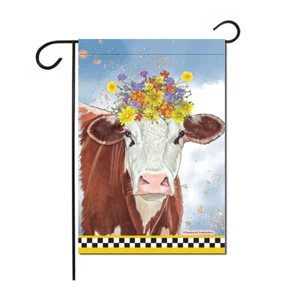 Cow Brown and White Hereford Cow Floral Garden Flag Double Sided 12 x 17 in. - Picture 1 of 1