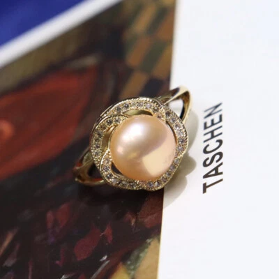 AAA+ Incrustación de Cristal Pan Akoya Perla Cultivada Cuentas Oro 18K GP Anillo Ajustable Foto 1 de 4