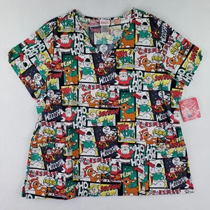 Womens SS Scrub Shirt Top Rudolph Christmas Theme Size XL Pockets NWT - Picture 1 of 16
