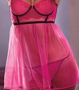 Brand New Victoria's Secret Chantilly Lace Tulle Hot Pink Babydoll Sexy 34B 1 - Picture 1 of 10