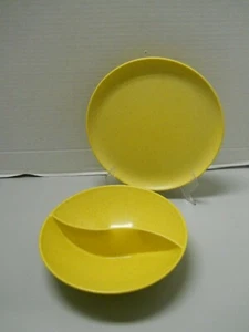 Tazón y plato dividido amarillo moteado Holiday by Kenro mediados de siglo moderno de melamina - Imagen 1 de 6