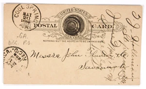 Cool Springs, GA. 20 de mayo de 1889 CDS, DPO UX9 GPC a Savannah encabezado Stephensville - Imagen 1 de 2