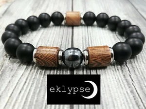 8"L Three Elements 10mm Onyx+Wood+Stainless Steel Gemstone Beaded Man Bracelet - Picture 1 of 11