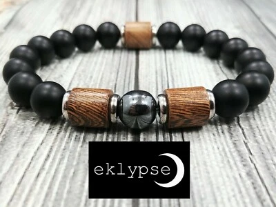 8"L Three Elements 10mm Wood+Onyx+Stainless Steel Gemstone Beaded Men's Bracelet - Image 1 of 4