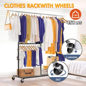 Heavy Duty Clothing Rack Rolling Collapsible W/Wheels Clothes Garment Rack Stand - Picture 1 of 12