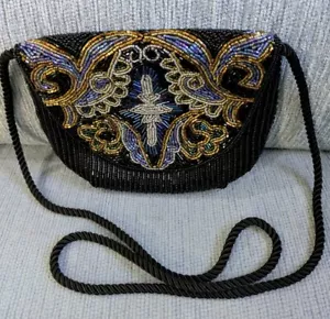 Vintage Schultertasche Handtasche schwarz und bunt Perlen - Bild 1 von 4