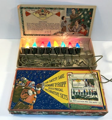 Vtg 1920s Propp C6 Christmas String Lights-Cloth Cord-Round Plug-in Box-Works - Image 1 of 4
