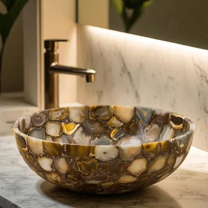 Brown Agate Stone Kitchen Sink Bowl - Handmade Bathroom Vanity Top Basin - Picture 1 of 6