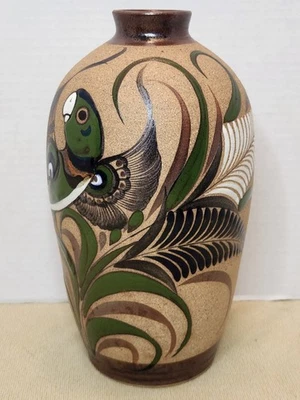 "Florero Tacat México folclórico verde arte cerámica pájaro pintado a mano marcado 9,5""" Foto 1 de 4
