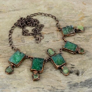 Green Druzy Electroformed Adjustable Necklace Handcrafted Copper Gift 18.0" - Picture 1 of 6