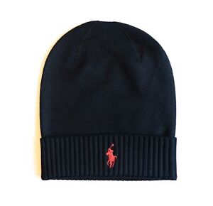 Ralph Lauren Polo Unisex Winter Beanie Hat In Black With Red Pony