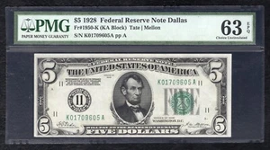 FR. 1950-K 1928 $5 FRN FEDERAL RESERVE NOTE DALLAS, TX PMG UNCIRCULATED-63EPQ - Picture 1 of 2